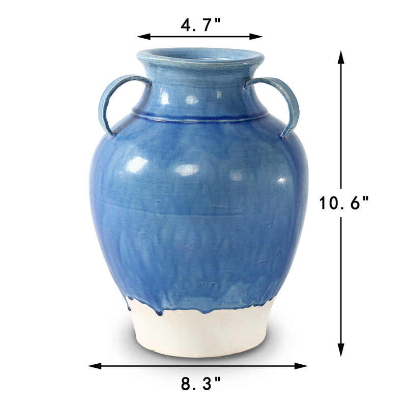 Approx. 11 Inches High Blue-Green Vase with Three Handles (4.7" Opening)