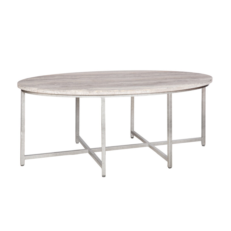 Marble Coffee Table, 18.5" H x 48" L x 26" W, Silver Travertine, Royal Silver