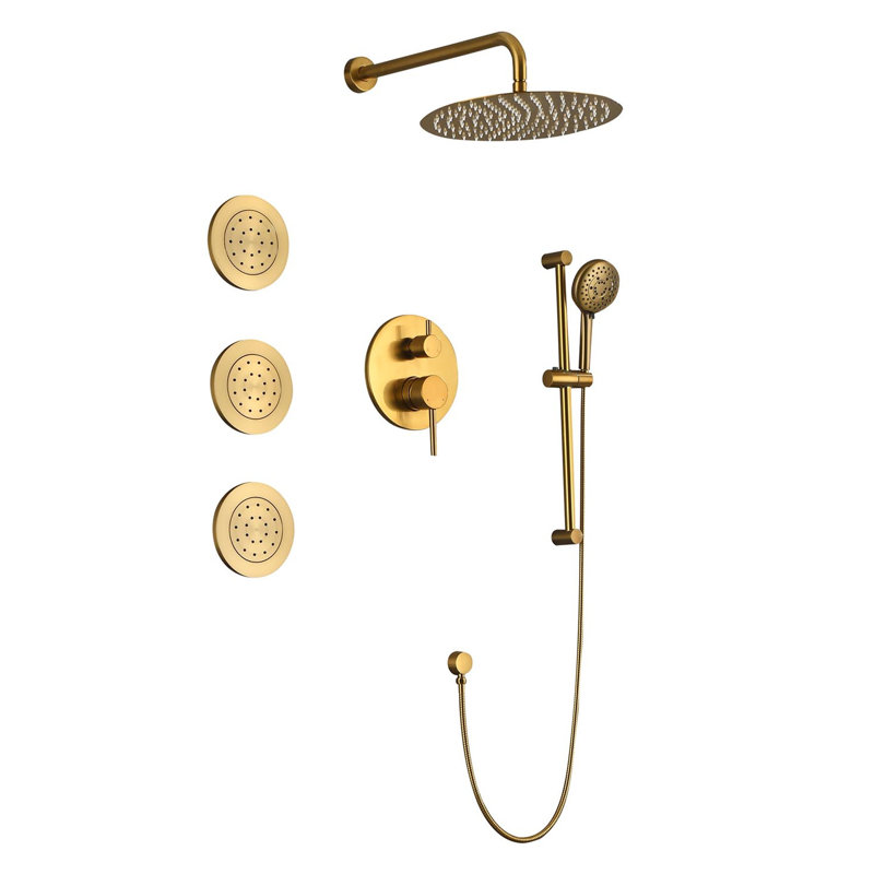 Système de douche en or brossé avec des jets et des poignées à levier tendance, Doré