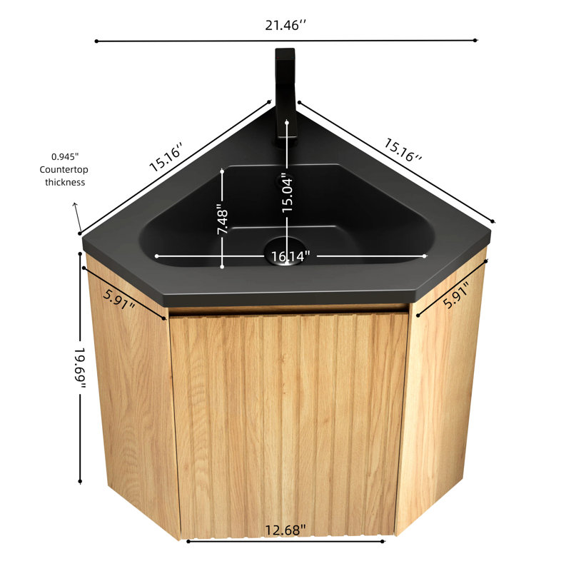 Meuble-lavabo flottant mural de 30 po avec lavabo triangulaire en résine noire à une porte et contreplaqué naturel, convenant pour les petits coins de meuble-lavabo intégrés, baignoire de rangement en contreplaqué aux endroits restreints
