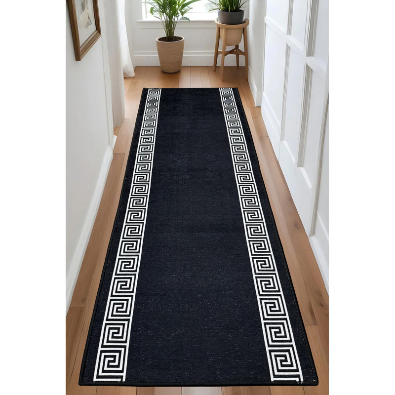 Custom Size Anti Slip Low Profile Meander Black Rug, Runner 2'2" x 40'