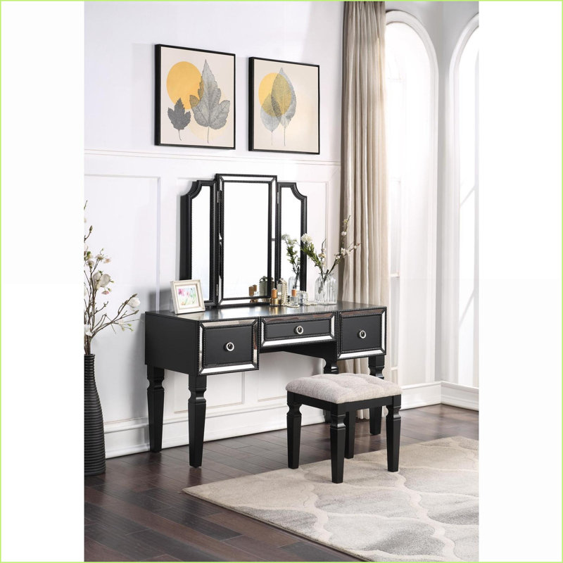 Ensemble de coiffeuse avec tabouret, mobilier de chambre noir classique, miroir à trois volets, 3 tiroirs de rangement | Noir | Tabourets de coiffeuse