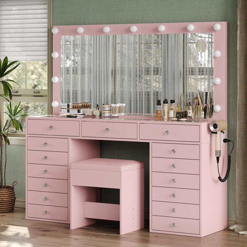 15 Drawers Vanity Desk, Makeup Vanity with Charging Station,  Dressing Table with Lighted Mirror, 3 Lighting Modes, Brightness Adjustable, Glass Top, Vanity Table with Chair