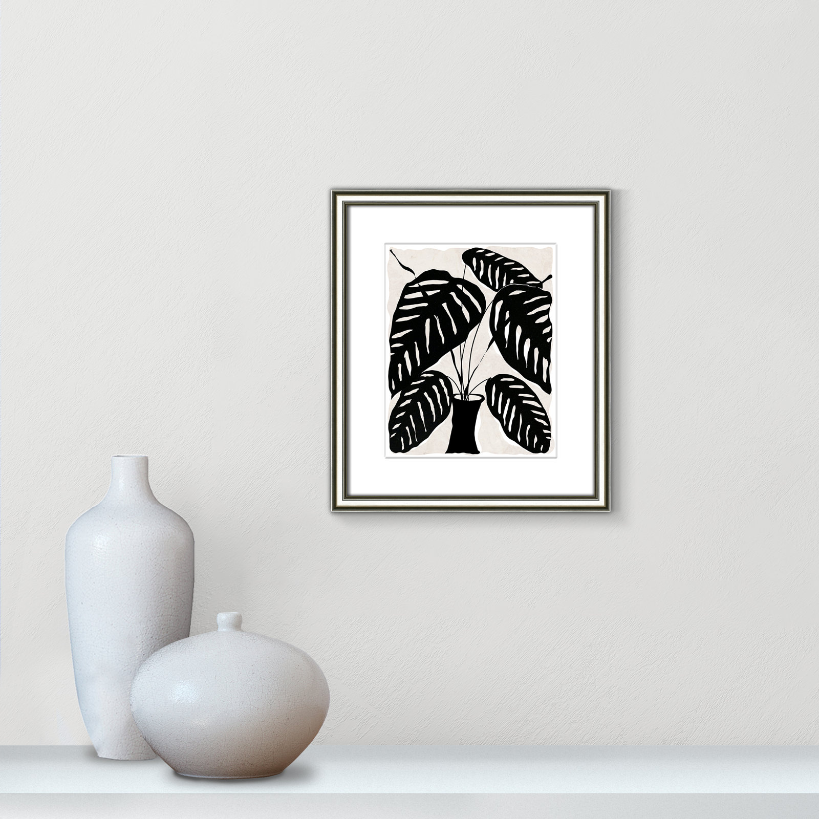 Black and White Potted Plant I Print, 16.25" H x 14.25" W x 0.88" D, Silver Framed