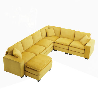 Modern U Shaped 6-seat Sectional Sofa with one Ottoman and three pillows for Living Room