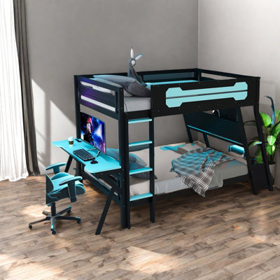 Lits superposés en bois multifonctionnels, conception de sports électroniques avec bureaux de jeu, bleu nuage