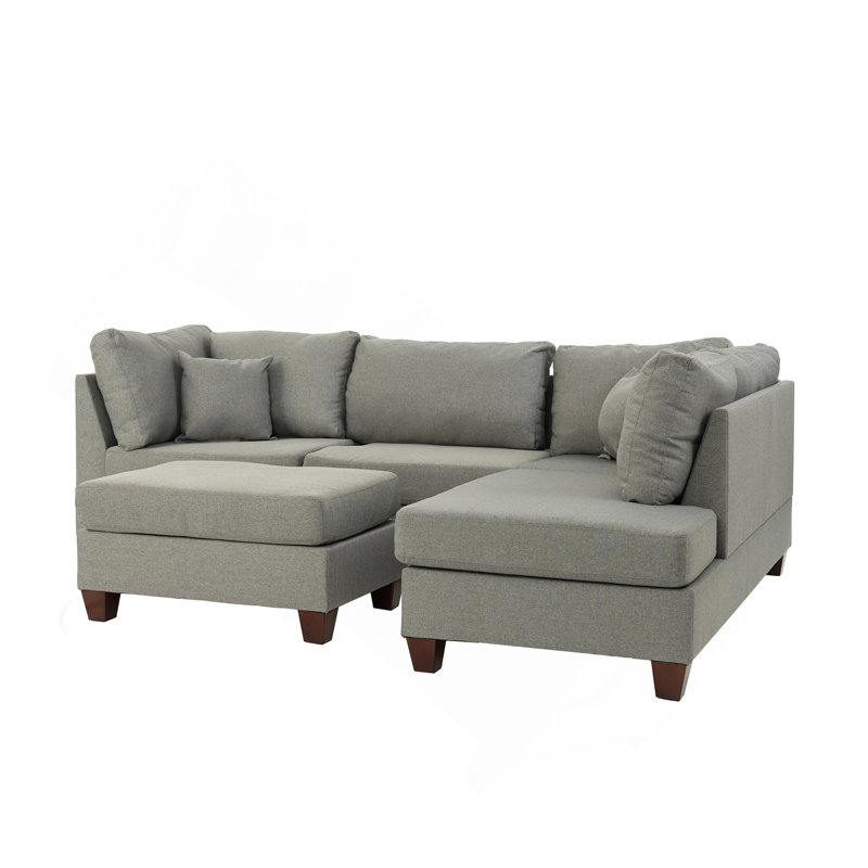 Reversible Polyfiber Sectional Sofa With Ottoman, Grey, Gray Polyester