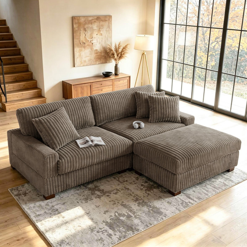 Canapé modulaire rembourré 3 pièces en flanelle de fourrure de lapin brun clair avec coussins décoratifs et repose-pieds 3 pièces