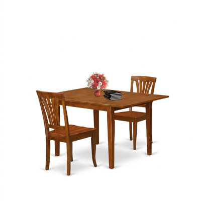 Ensemble de salle à manger rectangulaire 3 pièces en hévéa asiatique brun selle avec rallonge papillon et 2 chaises à dossier à lattes