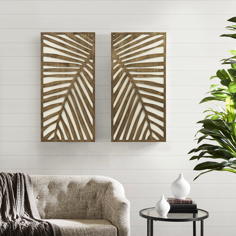 2 Wall Decor With Leaf Theme In Two-Tone Natural Wood Tone And White Pattern