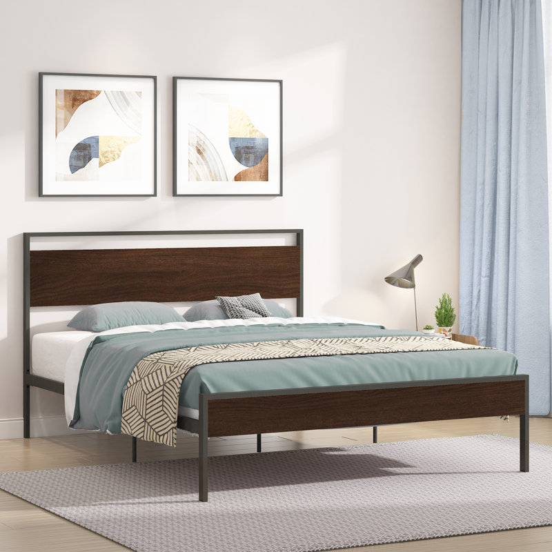 Metal Bed with Wood Headboard and Footboard, Walnut, Queen