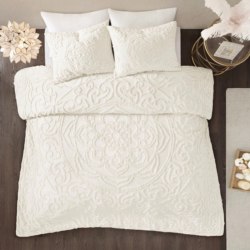 3 édredon en chenille pour lit double / grand, Édredon double / grand et 2 taies décoratives, Blanc cassé