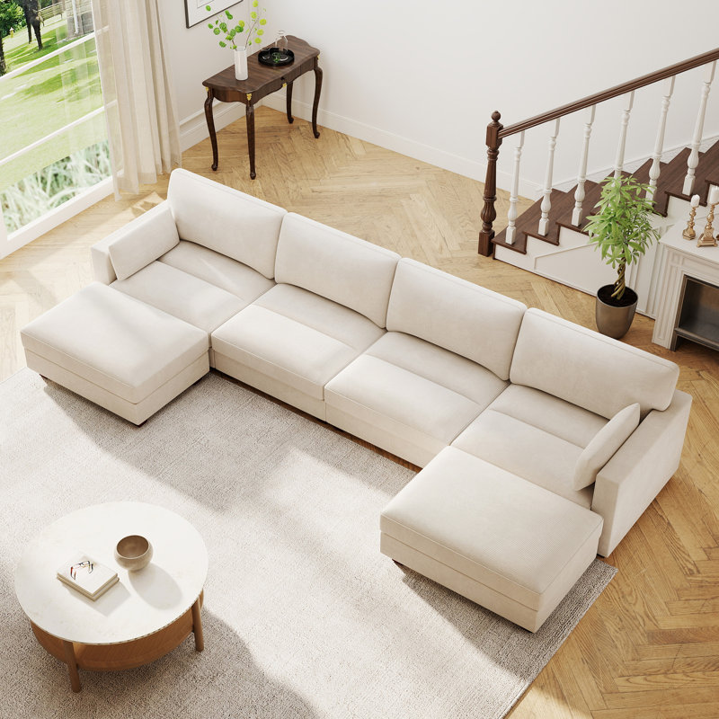 Canapé modulaire rembourré en velours côtelé de 144,2 po de largeur avec repose-pieds amovible, White Corduroy