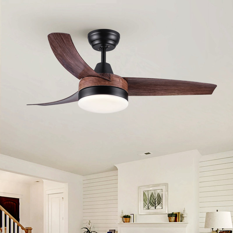 42" Farmhouse Rustic  Led Ceiling Fan With Brown Wood Grain Abs Blades And Remote Control