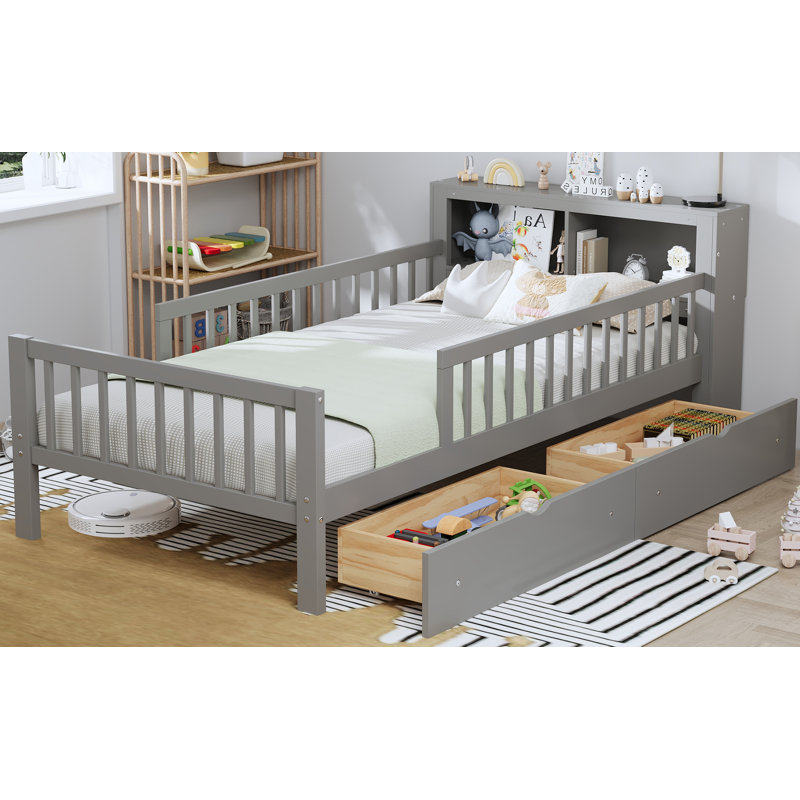 Lit avec support de tête de lit, deux tiroirs sous le lit, trois barrières de sécurité pour plus de sécurité, Gris