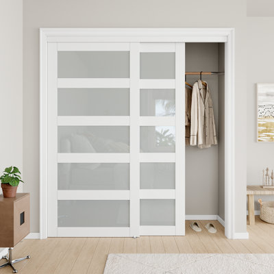 72in x 80in Sliding Closet Door Frosted Glass Panels In White with Installation Hardware Kit Sliding Door Also For Pantry 