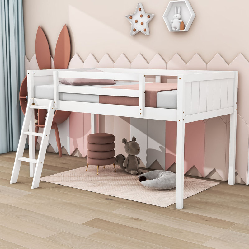 Lit mezzanine simple en bois avec échelle, lattes et garde-corps Jeanny, Blanc