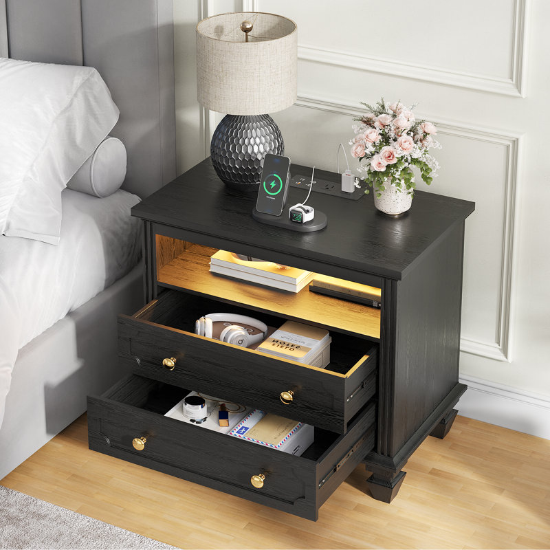 Solid Wood Legs Bedside Table With 2 - Drawer, Charging Station and Motion Sensor Led Light, Black