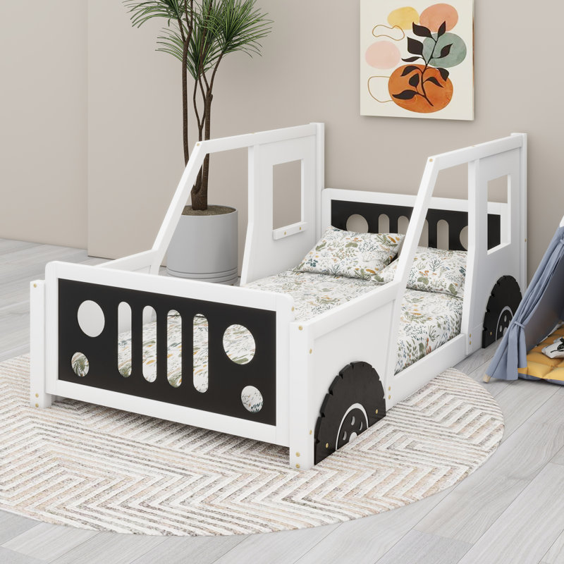 Lit plateforme simple en forme de voiture avec roulettes, structure de lit de voiture en bois pour garçons, Blanc