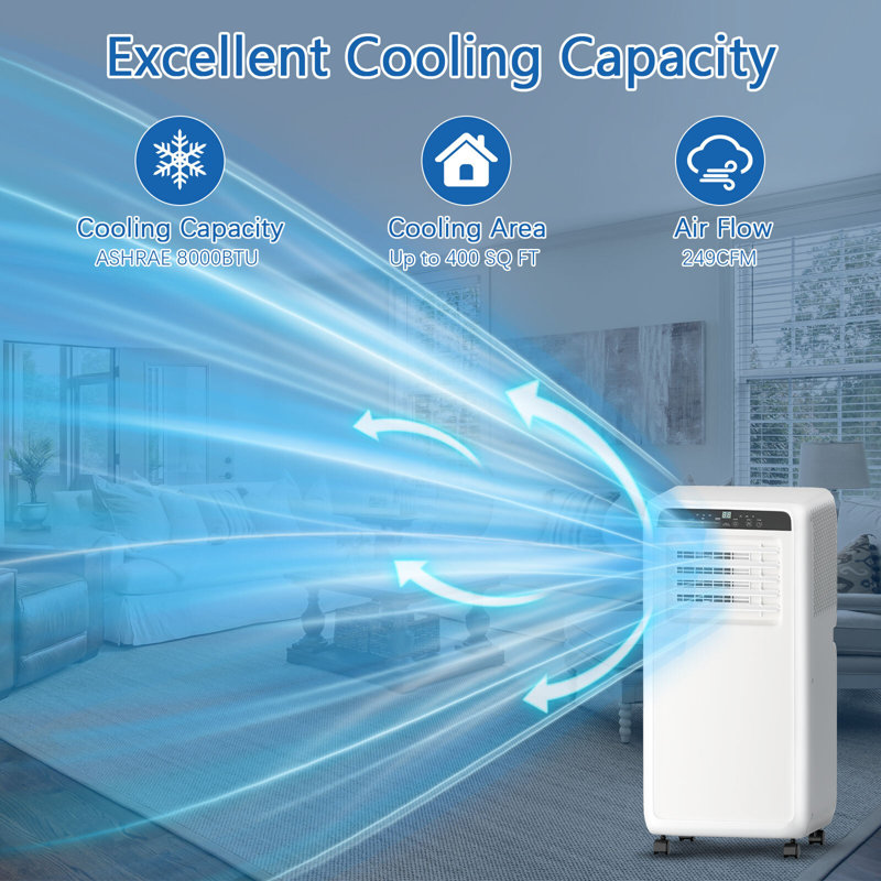 Climatiseur de fenêtre portatif 8 000 BTU avec télécommande - climatiseur 3-en-1, ventilateur et déshumidificateur pour pièces jusqu'à 350 pieds carrés silencieux, écoénergétique, facile à installer avec l'ensemble de fenêtre, roues pour chamb