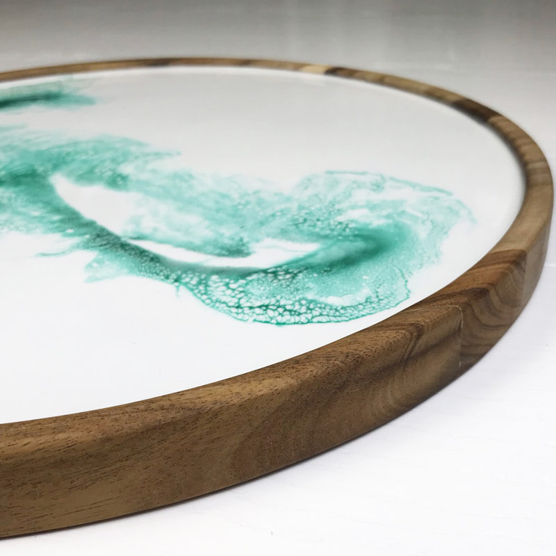Round Decorative Serving Tray Acacia Wood Epoxy Resin Pattern Decor
