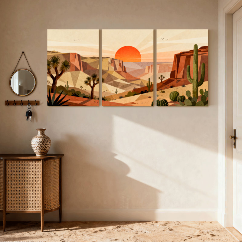«Landscape & Nature Desert Landscape Sunset Cactus Reflection Mountains Sky Birds», ensemble de 3 impressions sur toile