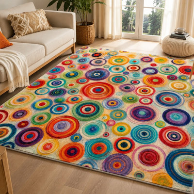 Tapis à motif de cercles abstraits de 1 pièce - Conception ronde vibrante et colorée, facile à nettoyer, envers antidérapant, grande surface, décoration intérieure artistique pour le salon, la chambre à coucher, la cuisine pour la maison