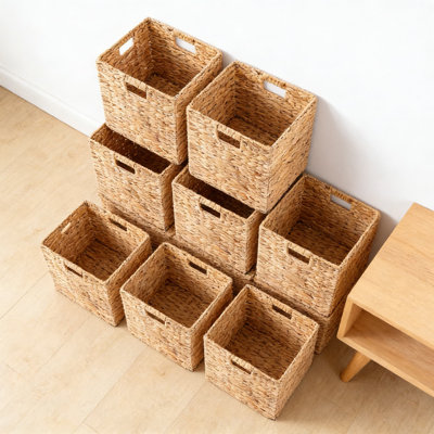 Handwoven Water Hyacinth Storage Baskets, Set Of 12 Foldable Cube Bins With Chalkboard Labels And Handles For Home Organization, Pantry, Shelves, And Laundry