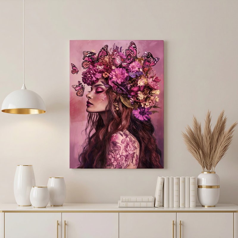 Ensemble de 1 tableau mural sur toile tendue représentant un portrait de papillon et de fleurs, H 24 po x l 16 po