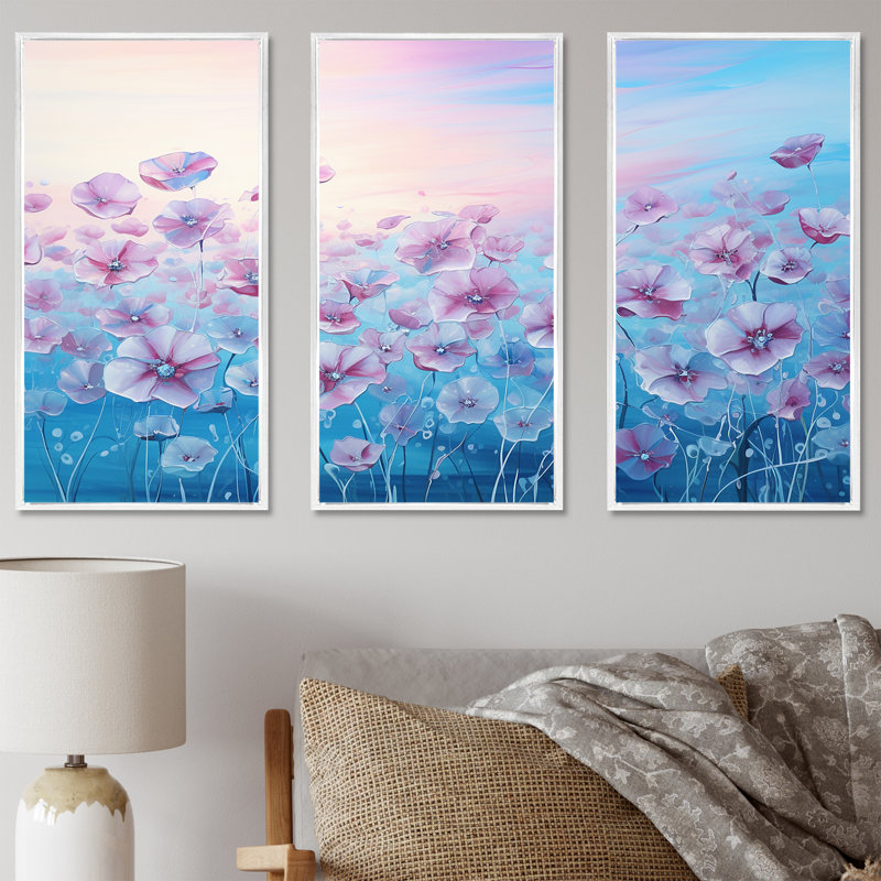 «Pink Morning Glory», art liquide, champ de fleurs - ensemble d'art mural champ de fleurs, H 40 po x l 60 po x P 1 po