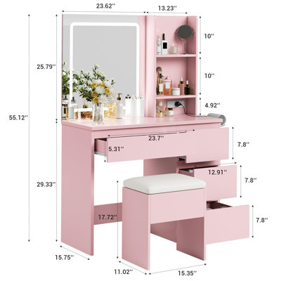 Makeup Vanity Desk with 3-Color LED Lighted Mirror, 4 Drawers & Charging Station, Bedroom Vanity Set with USB/Type-C Outlets, Storage Stool & Open Shelves