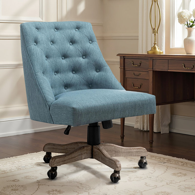 Jovita 38.5"H Farmhouse Tilting Task Chair with Solid Wood Base and Button-Tufted, Blue