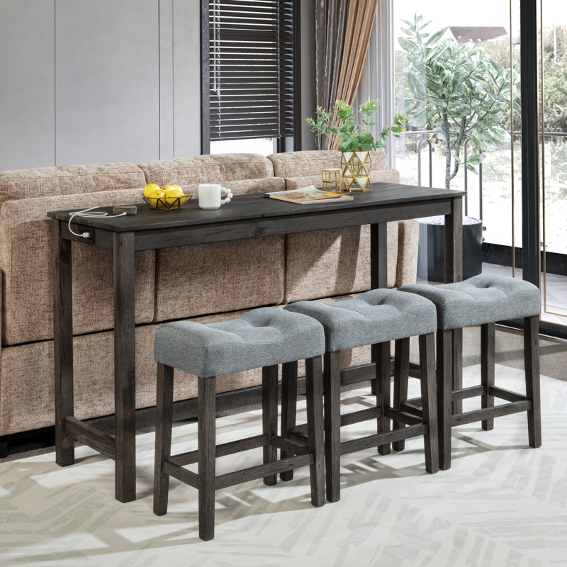 Table de bar avec chaises et prise de courant en gris foncé. Housses de tabouret en lin respirantes, fabrication et bois de plis de type 4 pièces, tabourets confortables, porto