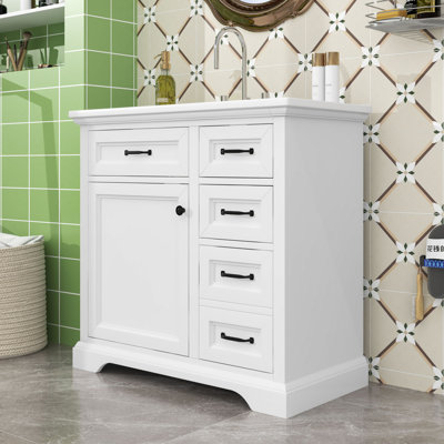 Wood Bathroom Vanity with Ceramic Sink, Four Drawers and Soft Close Door
