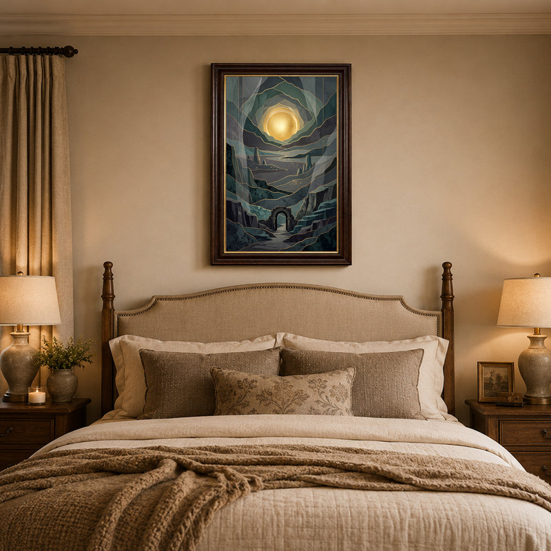 «Stone Archway Under Golden Orb In Layered Teal Landscape», art mural sur toile, 18"H x 12"W