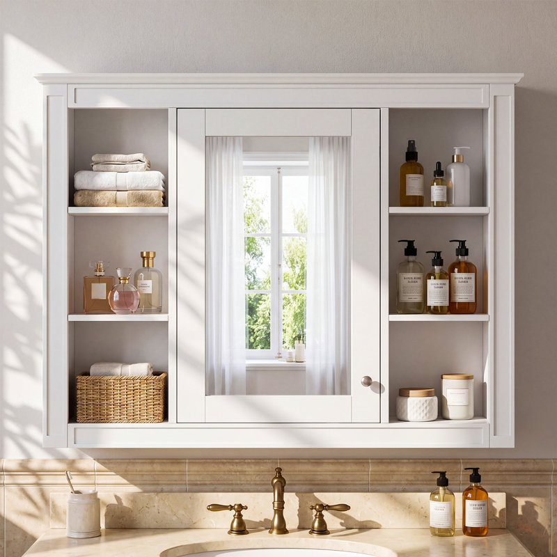 Armoire de toilette en bois massif de 91 cm avec miroir et étagères latérales ouvertes