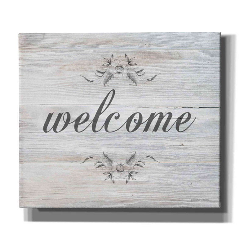 «Welcome» par Bluebird Barn - Art textuel sur toile tendue, H 26 po x l 30 po x P 1,25 po