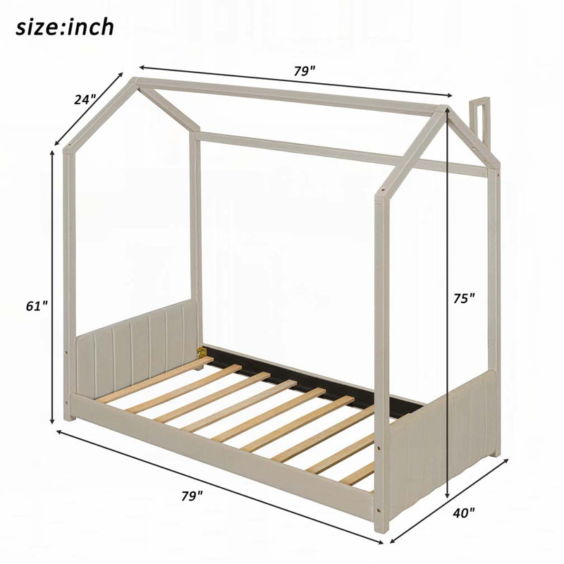 Velvet House Bed Wood Bed, Beige, Twin