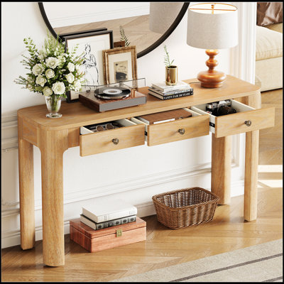 Console rustique avec coins arrondis pour la sécurité, table d'entrée avec 3 tiroirs dissimulés, table de canapé robuste avec des pieds épais pour le couloir et le salon