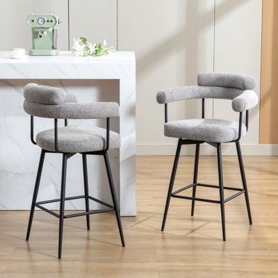 Kiylan Swivel Upholstered 26.7" Sherpa/Linen Counter Stool with Curved Wing Back and Metal Frame