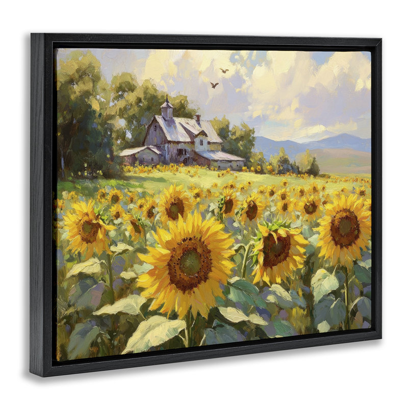 Cadre flottant Sunflower Church Floral Field, design par Petal Prints Design, H 17 po x l 21 po, Cadre flottant noir de jais