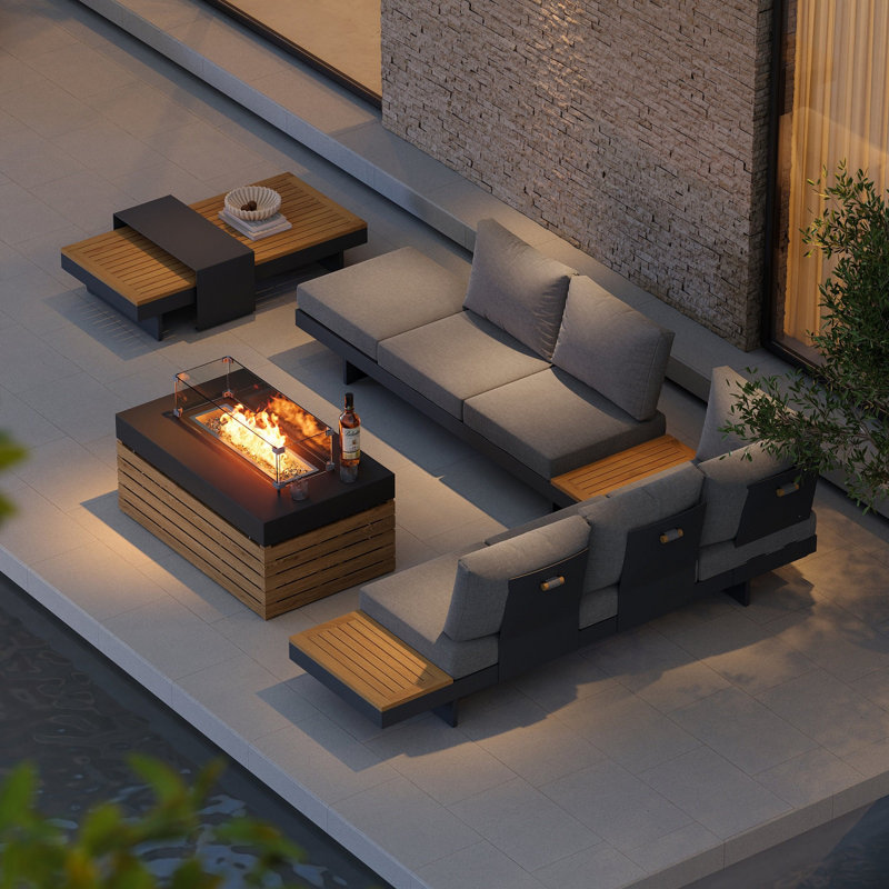Ensemble de 5 meubles de patio modulaires en teck avec foyer sans fumée pour 6 personnes en gris, Gris