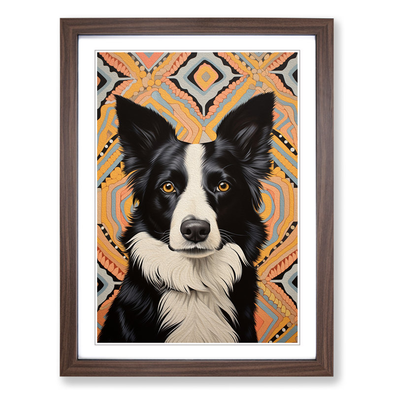 Border Collie Art Deco No.2 - Single Picture Frame Print on Wood, 64cm H x 46cm W x 2cm D, Walnut Framed