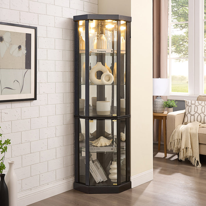 Lighted Corner Curio Cabinet, Elegant Glass Display Case, Accent Cabinet, Black