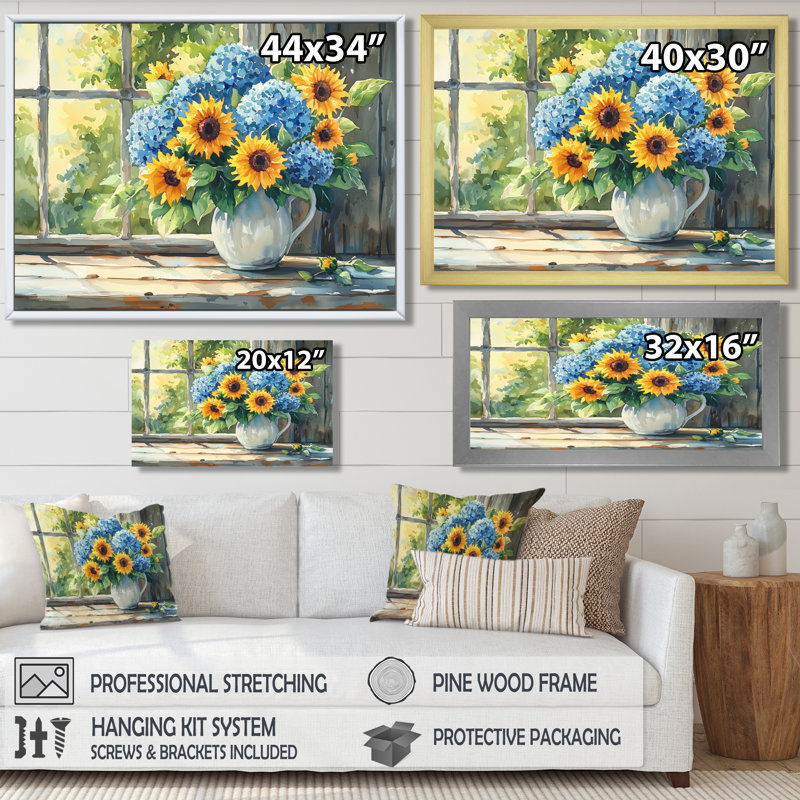 «Domella Hydrangeas And Sunflowers Farmhouse II - Hydrangea», art mural, H 30 po x l 40 po, Brun