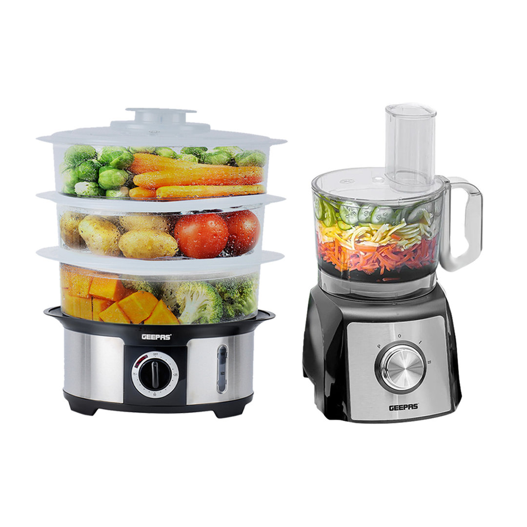 Geepas 3-Tier Food Steamer & 1200W Food Processor Combo