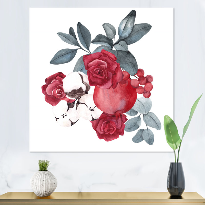 Bouquet de fleurs de Noël avec baies - reproduction d'art sur toile traditionnelle, H 16 po x l 16 po, Toile tendue
