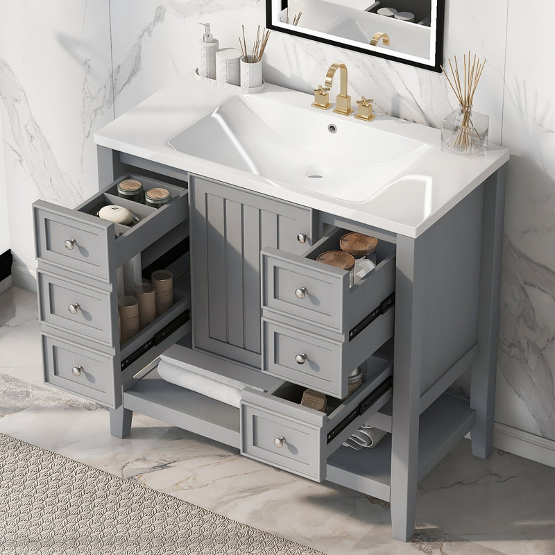 36" Bathroom Vanity With Sink Combo One Cabinet And Three Drawers, Gray