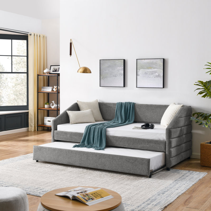 Lit de jour simple avec canapé-lit capitonné et rembourré, tissu en lin (82,5 po x 42,5 po x 34 po), Gris