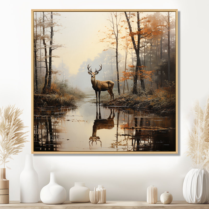 «Animal Deer Misty Morning II», impressions sur toile, H 24 po x l 24 po x P 1 po, Cadre flottant en érable